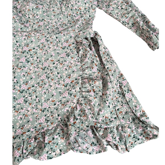AS U Wish Women's Floral Mini Dress Long Sleeve  Ruffle Hem Sage L NWT - Picture 3 of 13